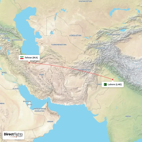 Lahore - Tehran direct flight map