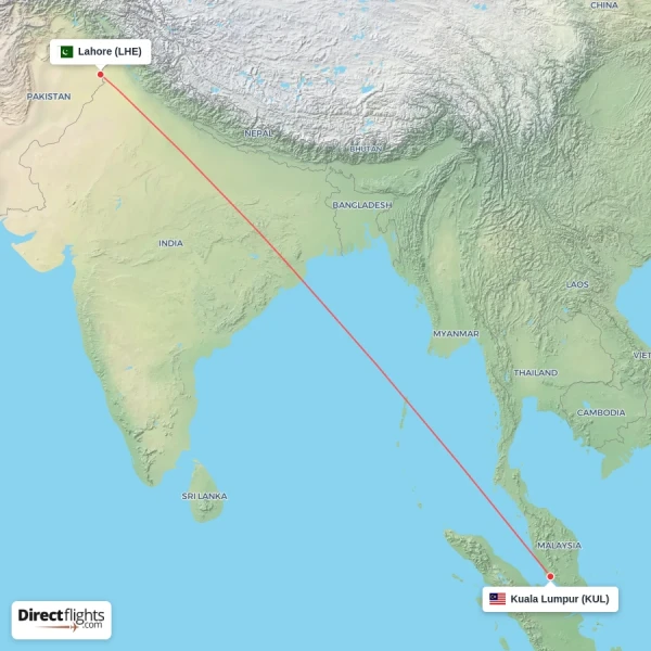 Lahore - Kuala Lumpur direct flight map