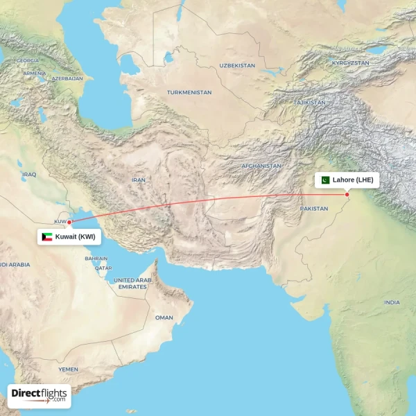 Lahore - Kuwait direct flight map