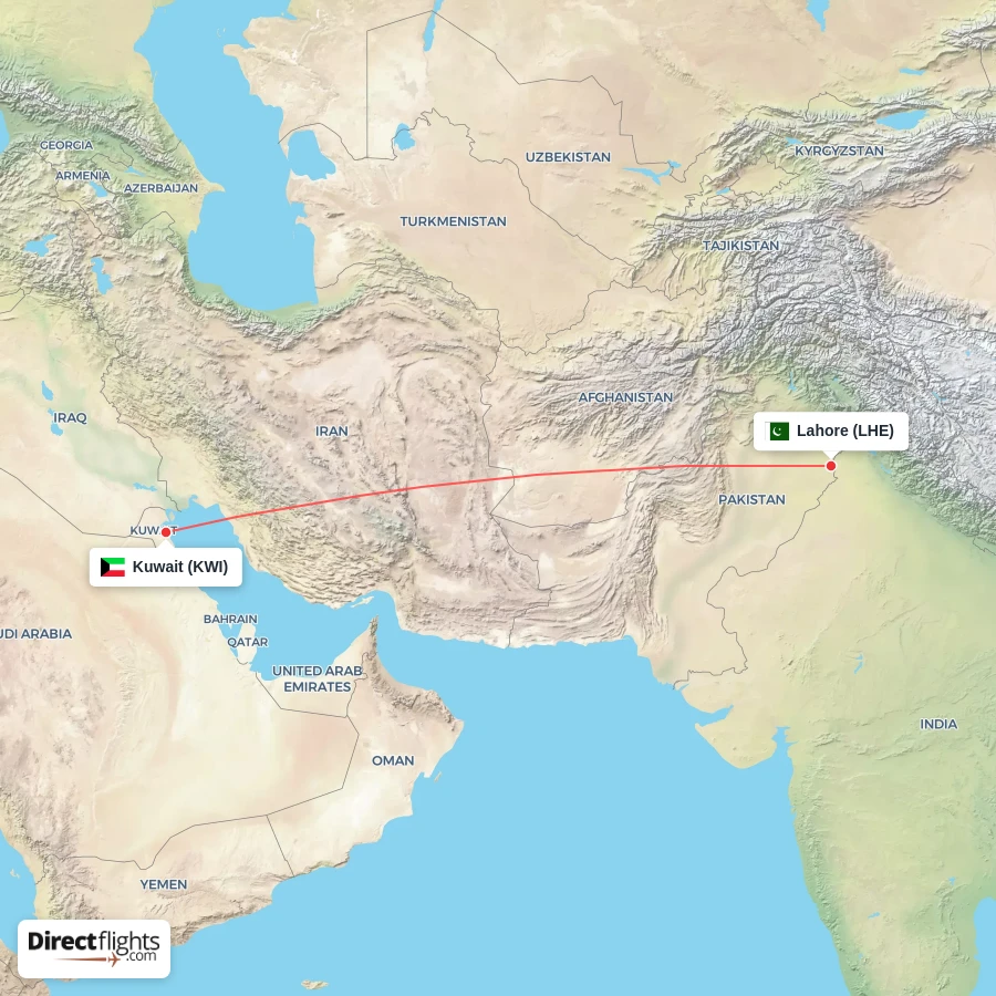 LHE - KWI route map