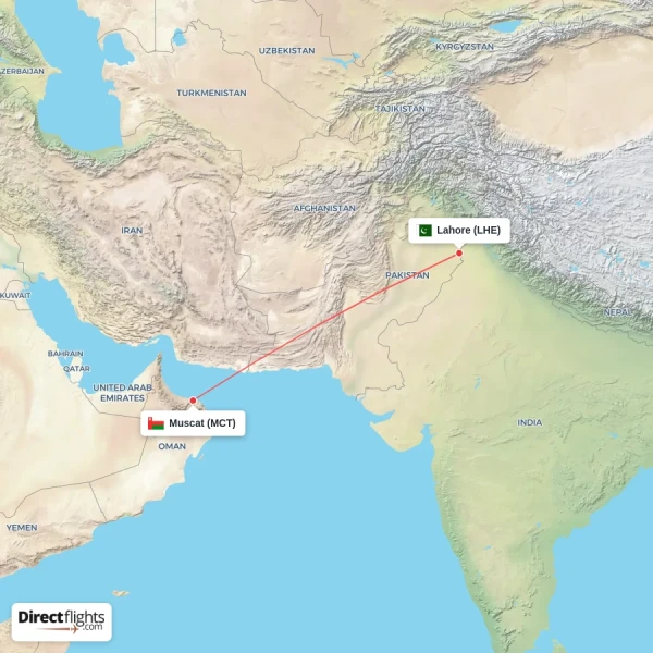 Lahore - Muscat direct flight map