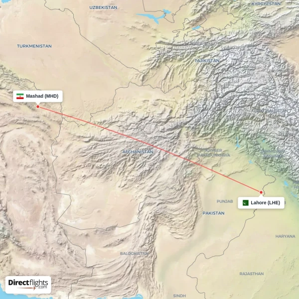 Lahore - Mashad direct flight map