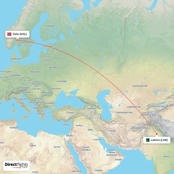 Lahore - Oslo direct flight map