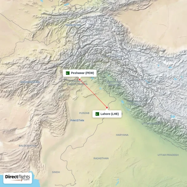 Lahore - Peshawar direct flight map