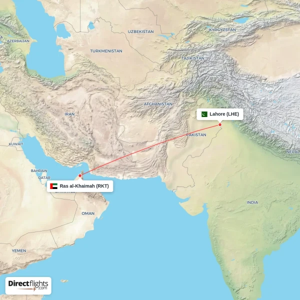 Lahore - Ras al-Khaimah direct flight map