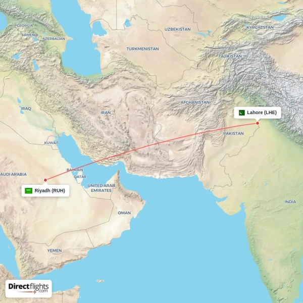 Lahore - Riyadh direct flight map