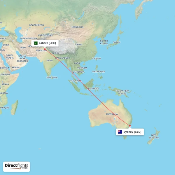 Lahore - Sydney direct flight map