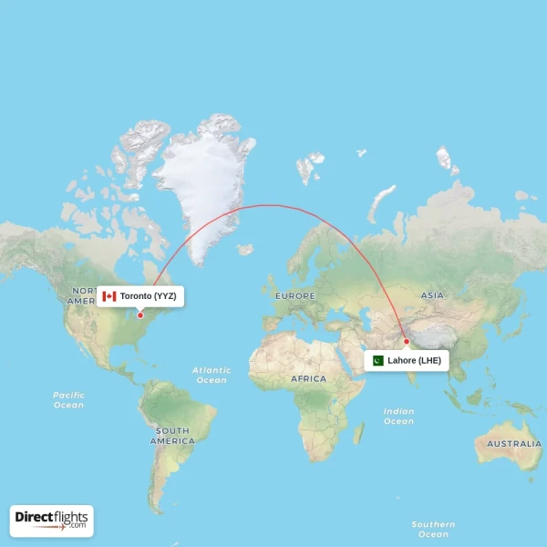Lahore - Toronto direct flight map