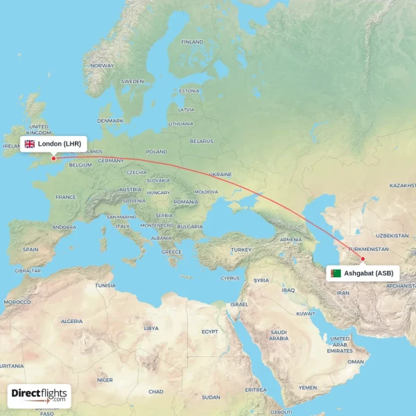 London - Ashgabat direct flight map