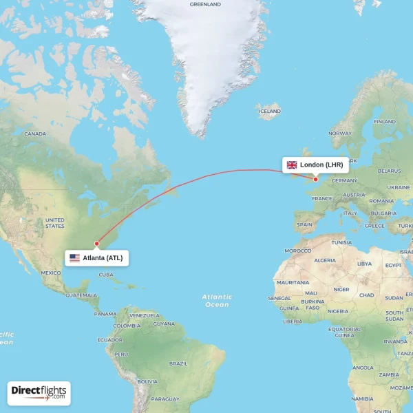 London - Atlanta direct flight map
