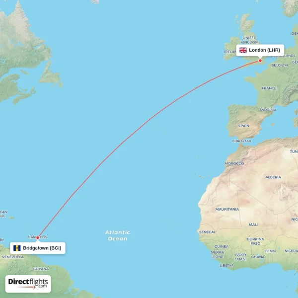 London - Bridgetown direct flight map