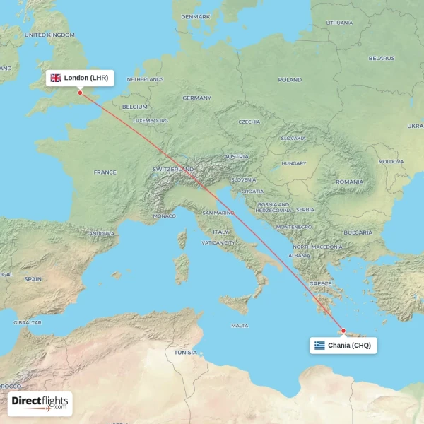 London - Chania direct flight map