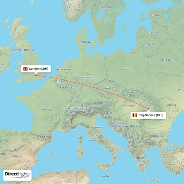 London - Cluj-Napoca direct flight map