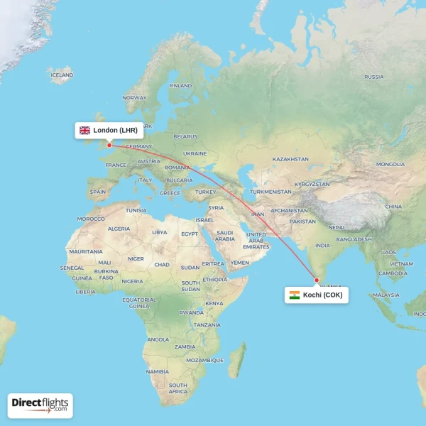 London - Kochi direct flight map