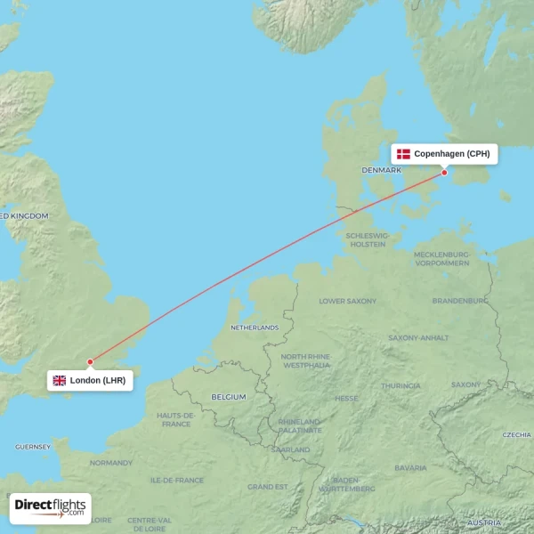 London - Copenhagen direct flight map