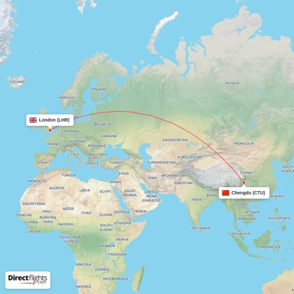 London - Chengdu direct flight map