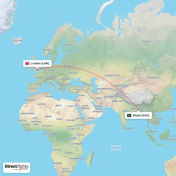 London - Dhaka direct flight map