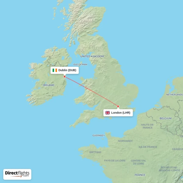 London - Dublin direct flight map