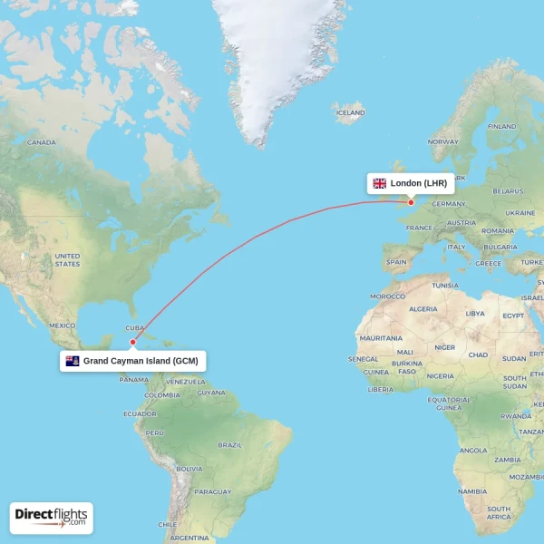 London - Grand Cayman Island direct flight map