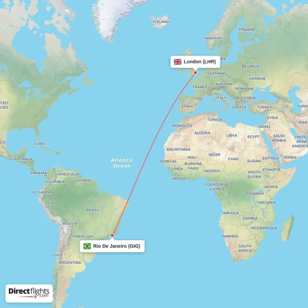London - Rio De Janeiro direct flight map