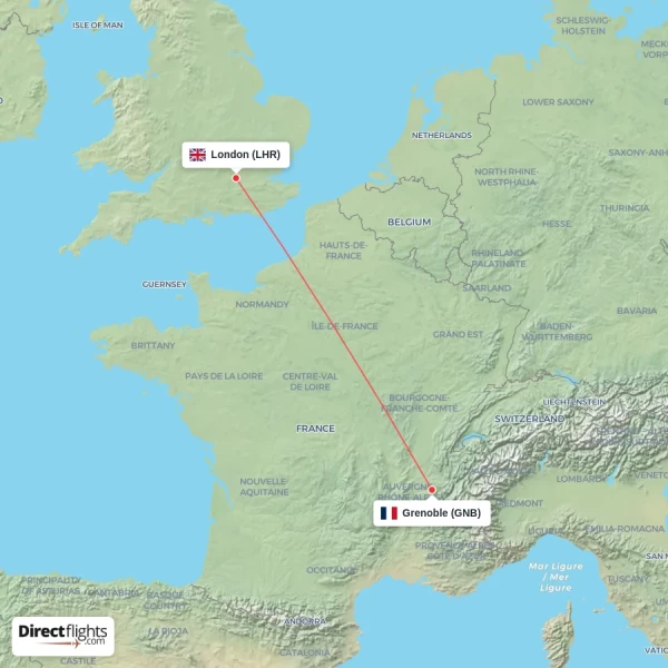 London - Grenoble direct flight map