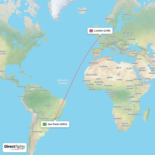 London - Sao Paulo direct flight map
