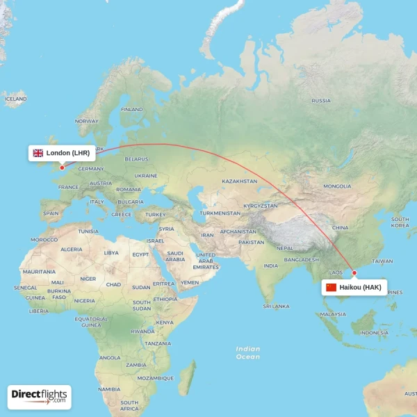 London - Haikou direct flight map
