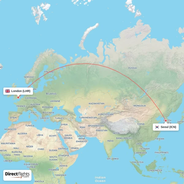 London - Seoul direct flight map