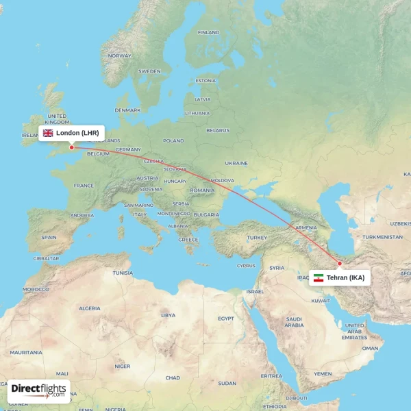 London - Tehran direct flight map