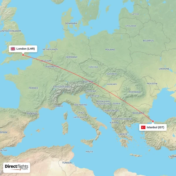 London - Istanbul direct flight map