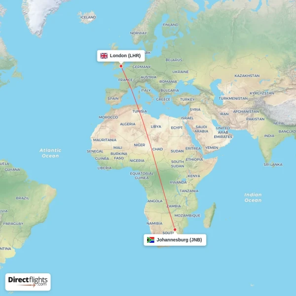 London - Johannesburg direct flight map