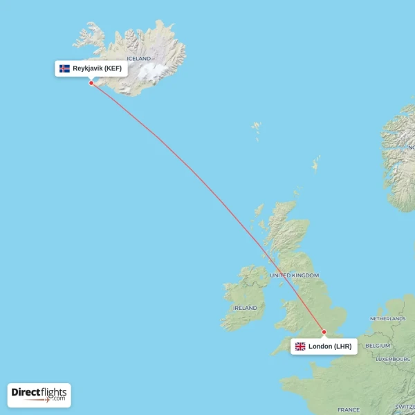 London - Reykjavik direct flight map