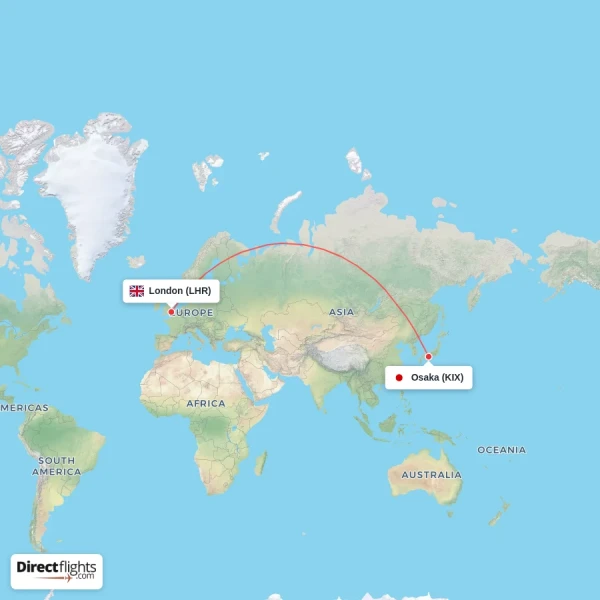 London - Osaka direct flight map