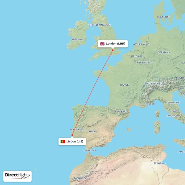 London - Lisbon direct flight map