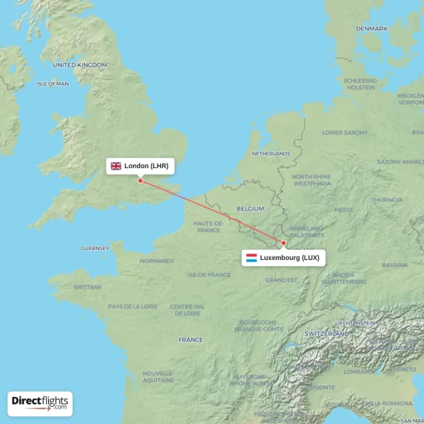 London - Luxembourg direct flight map