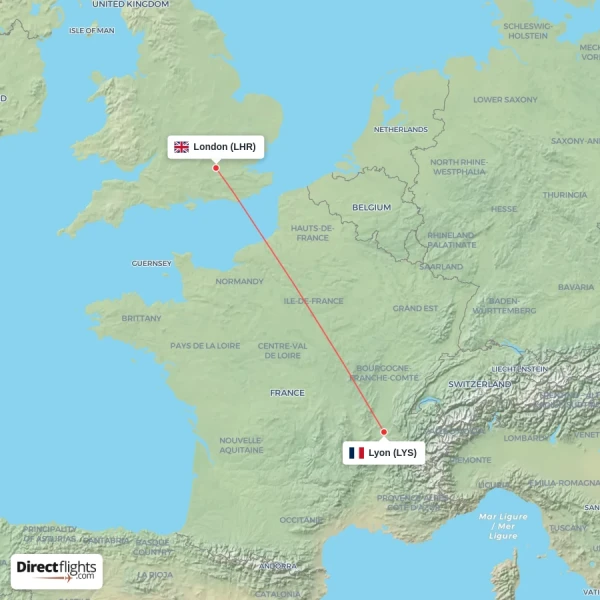 London - Lyon direct flight map