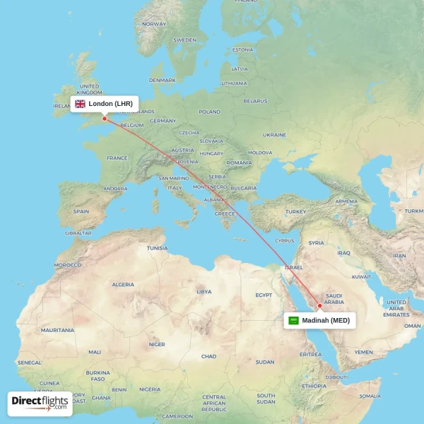 London - Madinah direct flight map
