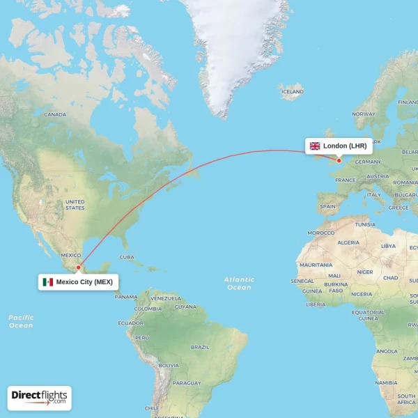 London - Mexico City direct flight map