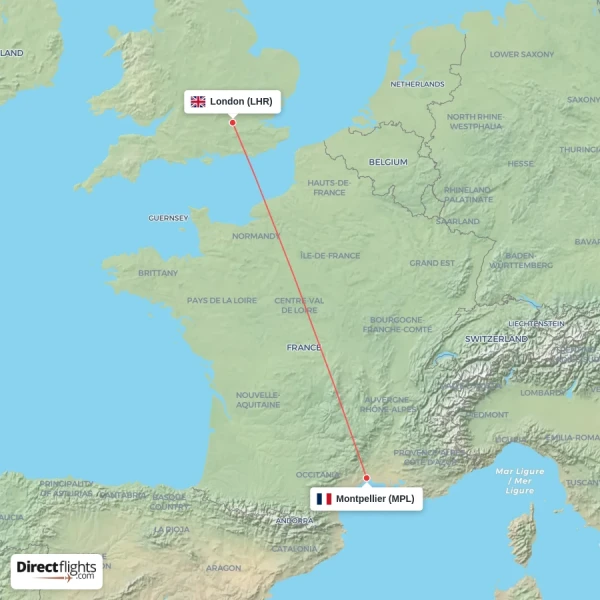 London - Montpellier direct flight map