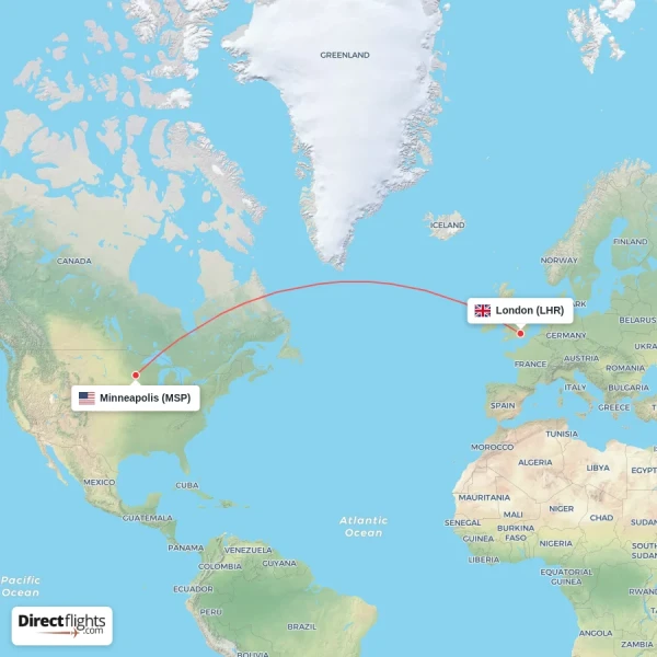 London - Minneapolis direct flight map