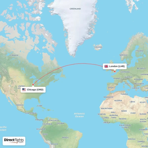 London - Chicago direct flight map
