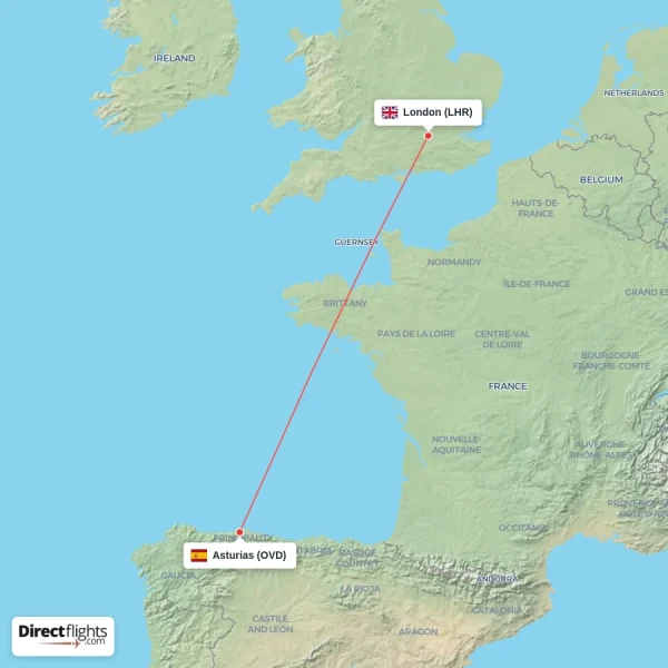 London - Asturias direct flight map