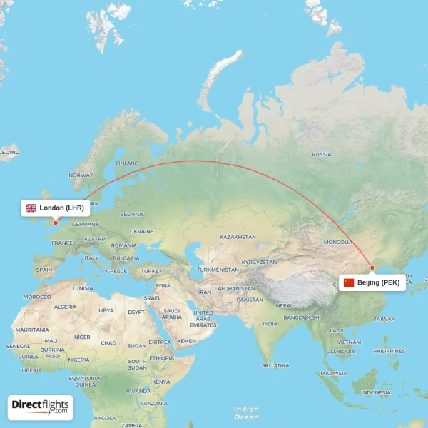 London - Beijing direct flight map