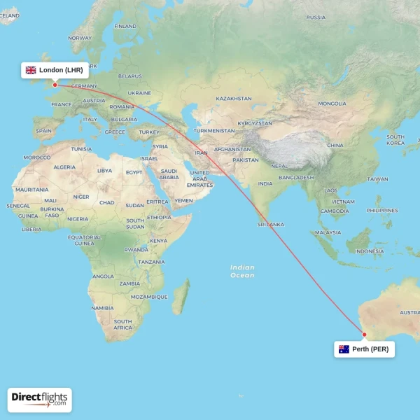 London - Perth direct flight map