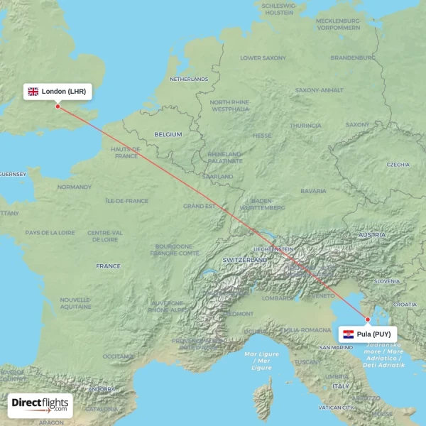 London - Pula direct flight map