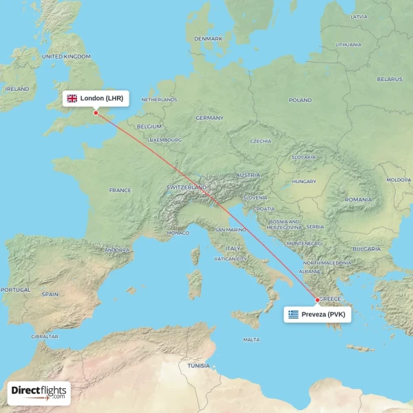 London - Preveza direct flight map