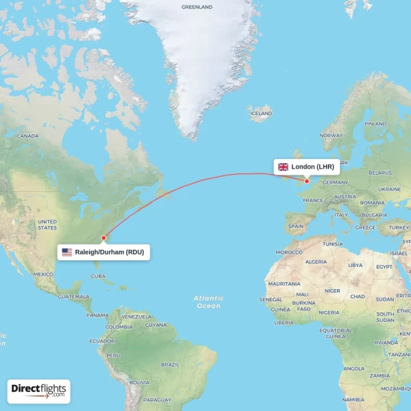 London - Raleigh/Durham direct flight map