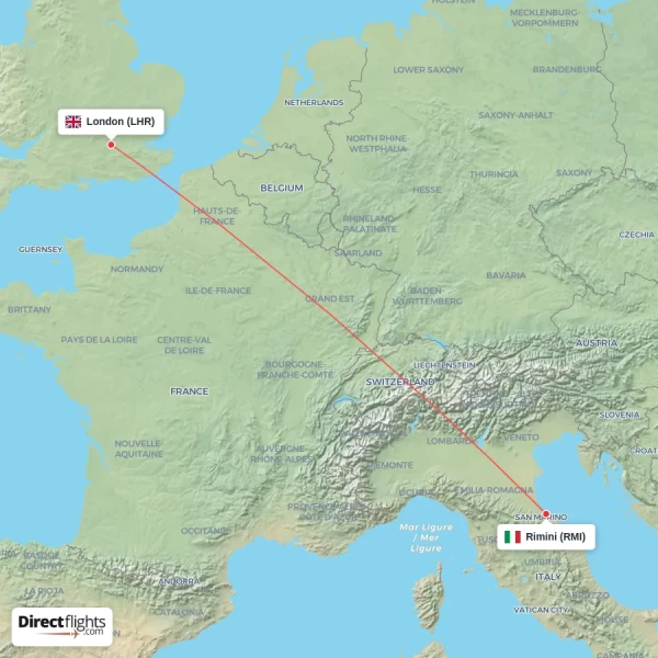 London - Rimini direct flight map