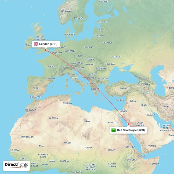 London - Red Sea Project direct flight map