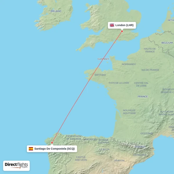 London - Santiago De Compostela direct flight map